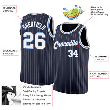 Custom Navy White Pinstripe White-Light Blue Authentic Throwback Basketball Jersey