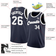 Load image into Gallery viewer, Custom Navy White Pinstripe White-Gray Authentic Basketball Jersey
