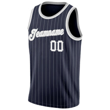 Load image into Gallery viewer, Custom Navy White Pinstripe White-Gray Authentic Basketball Jersey
