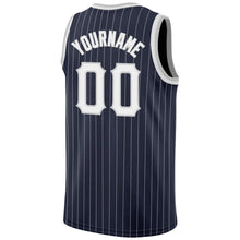 Load image into Gallery viewer, Custom Navy White Pinstripe White-Gray Authentic Basketball Jersey
