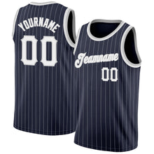 Load image into Gallery viewer, Custom Navy White Pinstripe White-Gray Authentic Basketball Jersey
