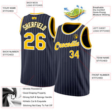 Load image into Gallery viewer, Custom Navy White Pinstripe Gold-White Authentic Basketball Jersey
