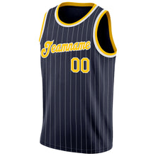 Load image into Gallery viewer, Custom Navy White Pinstripe Gold-White Authentic Basketball Jersey
