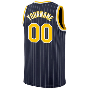 Custom Navy White Pinstripe Gold-White Authentic Basketball Jersey