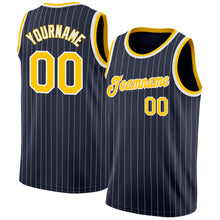 Load image into Gallery viewer, Custom Navy White Pinstripe Gold-White Authentic Basketball Jersey
