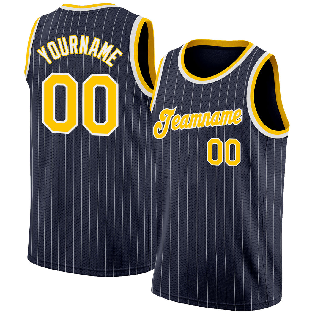 Custom Navy White Pinstripe Gold-White Authentic Basketball Jersey