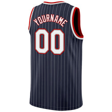 Load image into Gallery viewer, Custom Navy White Pinstripe White-Red Authentic Basketball Jersey
