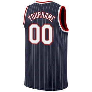 Custom Navy White Pinstripe White-Red Authentic Basketball Jersey