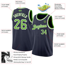 Load image into Gallery viewer, Custom Navy White Pinstripe Neon Green-White Authentic Basketball Jersey
