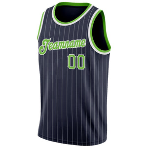 Custom Navy White Pinstripe Neon Green-White Authentic Basketball Jersey