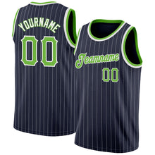 Load image into Gallery viewer, Custom Navy White Pinstripe Neon Green-White Authentic Basketball Jersey
