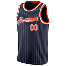 Load image into Gallery viewer, Custom Navy White Pinstripe Orange-White Authentic Basketball Jersey
