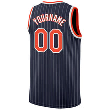 Load image into Gallery viewer, Custom Navy White Pinstripe Orange-White Authentic Basketball Jersey
