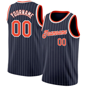 Custom Navy White Pinstripe Orange-White Authentic Basketball Jersey