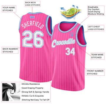 Custom Pink White Pinstripe White-Light Blue Authentic Basketball Jersey