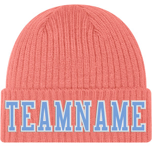 Custom Pink Light Blue-White Stitched Cuffed Knit Hat