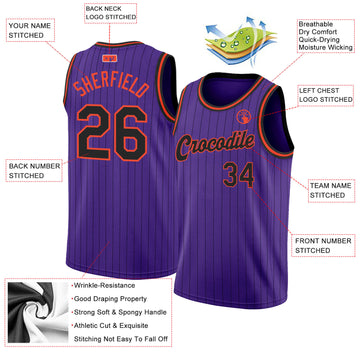 Custom Purple Black Pinstripe Black-Orange Authentic Basketball Jersey