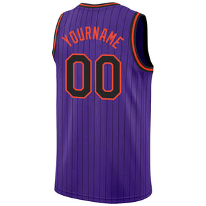 Custom Purple Black Pinstripe Black-Orange Authentic Basketball Jersey