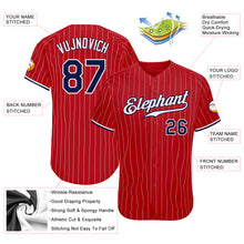 Load image into Gallery viewer, Custom Red White Pinstripe Navy-White Authentic Baseball Jersey
