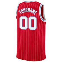 Load image into Gallery viewer, Custom Red White Pinstripe White-Light Blue Authentic Basketball Jersey
