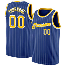 Load image into Gallery viewer, Custom Royal White Pinstripe Gold-White Authentic Basketball Jersey
