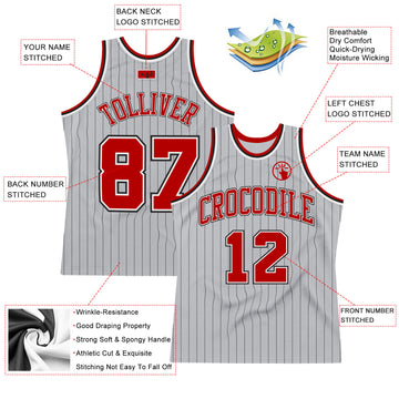 Custom Gray Black Pinstripe Red-White Authentic Throwback Basketball Jersey