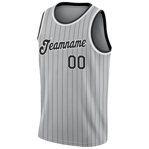 Custom Gray Black Pinstripe Black-White Authentic Throwback Basketball Jersey