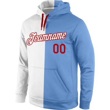 Custom Stitched White Light Blue-Red Split Fashion Sports Pullover Sweatshirt Hoodie