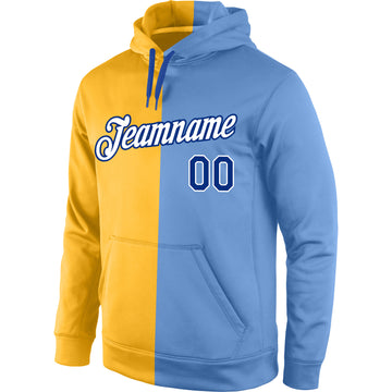 Custom Stitched Gold Royal-Light Blue Split Fashion Sports Pullover Sweatshirt Hoodie