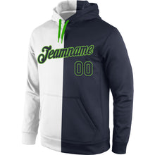 Load image into Gallery viewer, Custom Stitched White Navy-Neon Green Split Fashion Sports Pullover Sweatshirt Hoodie
