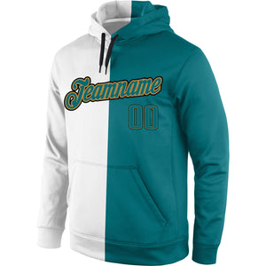 Custom Stitched White Aqua-Old Gold Split Fashion Sports Pullover Sweatshirt Hoodie