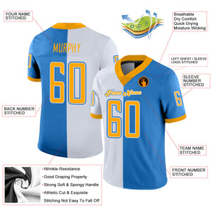 Custom Powder Blue Gold-White Mesh Split Fashion Football Jersey