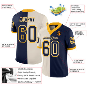 Custom Cream Navy-Gold Mesh Split Fashion Football Jersey