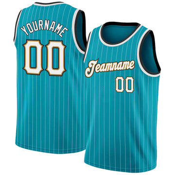 Custom Teal White Pinstripe White-Old Gold Authentic Throwback Basketball Jersey