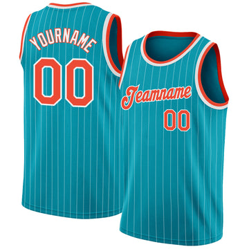 Custom Teal White Pinstripe Orange-White Authentic Basketball Jersey