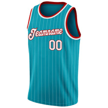 Load image into Gallery viewer, Custom Teal White Pinstripe White-Red Authentic Basketball Jersey
