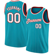 Load image into Gallery viewer, Custom Teal White Pinstripe White-Red Authentic Basketball Jersey
