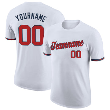 Custom White Red-Navy Performance T-Shirt