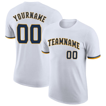 Custom White Navy-Gold Performance T-Shirt