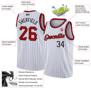 Custom White Black Pinstripe Red-Black Authentic Basketball Jersey