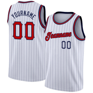 Custom White Navy Pinstripe Red-Navy Authentic Basketball Jersey