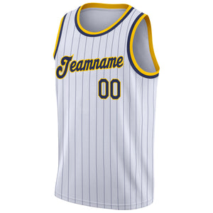 Custom White Navy Pinstripe Navy-Gold Authentic Basketball Jersey