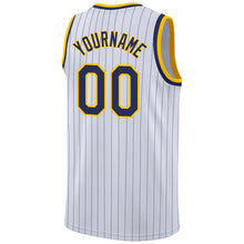 Load image into Gallery viewer, Custom White Navy Pinstripe Navy-Gold Authentic Basketball Jersey
