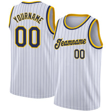 Load image into Gallery viewer, Custom White Navy Pinstripe Navy-Gold Authentic Basketball Jersey
