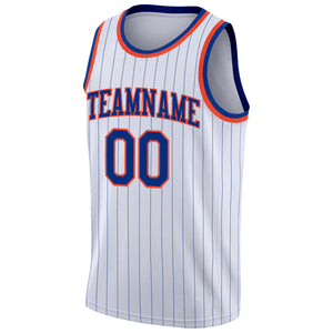 Custom White Royal Pinstripe Royal-Orange Authentic Basketball Jersey