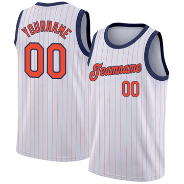 Custom White Orange Pinstripe Orange-Navy Authentic Basketball Jersey