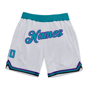 Custom White Teal-Purple Authentic Throwback Basketball Shorts